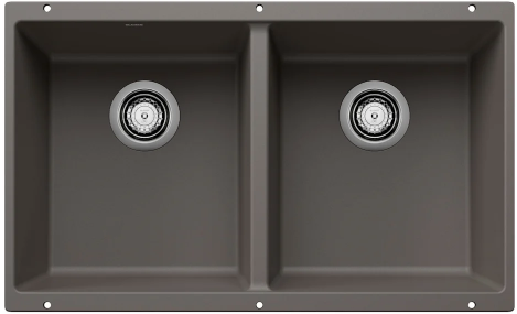 Gray double-basin kitchen sink with two drain holes and a rectangular shape.
