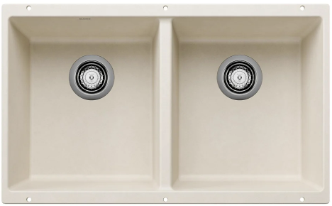 Beige double-bowl kitchen sink with two round drain strainers.