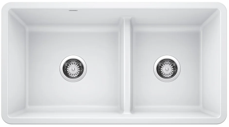 White double-basin kitchen sink with two drain holes.