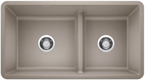 Taupe double kitchen sink with two drain openings.