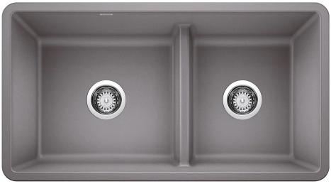 Double-bowl granite composite kitchen sink, gray, two drains visible.