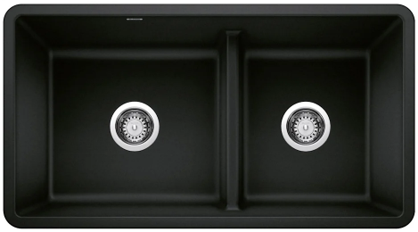 Black, double-basin kitchen sink with two drain openings and a central divider.