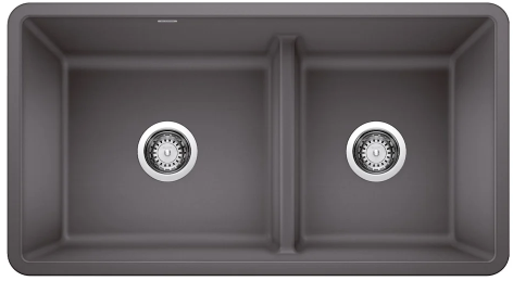 Gray double-basin kitchen sink with two drain holes.
