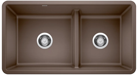 Brown double-basin kitchen sink with two drain holes.