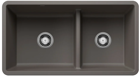 Gray double-basin kitchen sink with two drain openings.