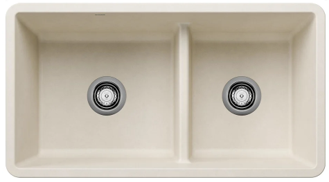 Off-white, double-basin kitchen sink with two drain holes.