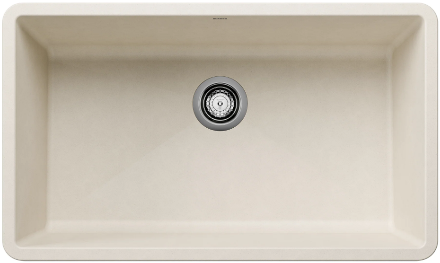 Beige rectangular kitchen sink with a circular drain.