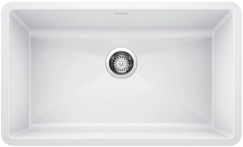 White rectangular kitchen sink with central drain.