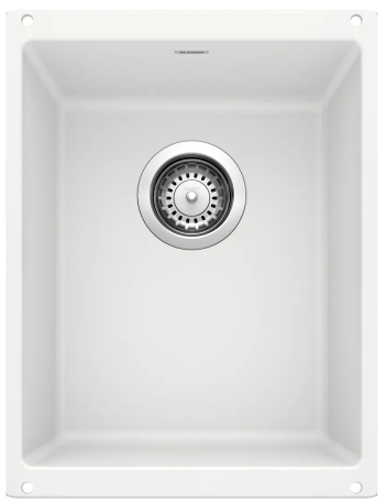 White rectangular kitchen sink with a stainless steel drain basket.