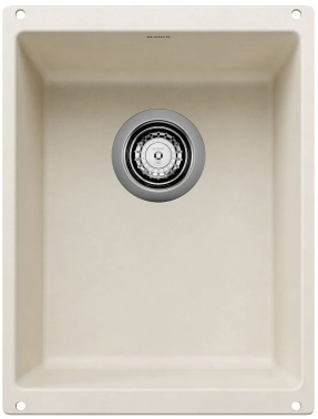 Beige rectangular kitchen sink with a circular drain and mounting holes.