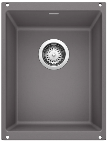 Gray rectangular kitchen sink with a circular drain.