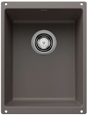 Gray granite kitchen sink with a circular drain.