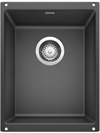 Dark gray, rectangular kitchen sink with a circular drain and two small holes at the top.