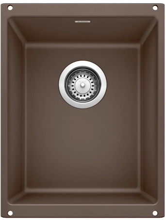 Brown rectangular kitchen sink with chrome drain, viewed from above.