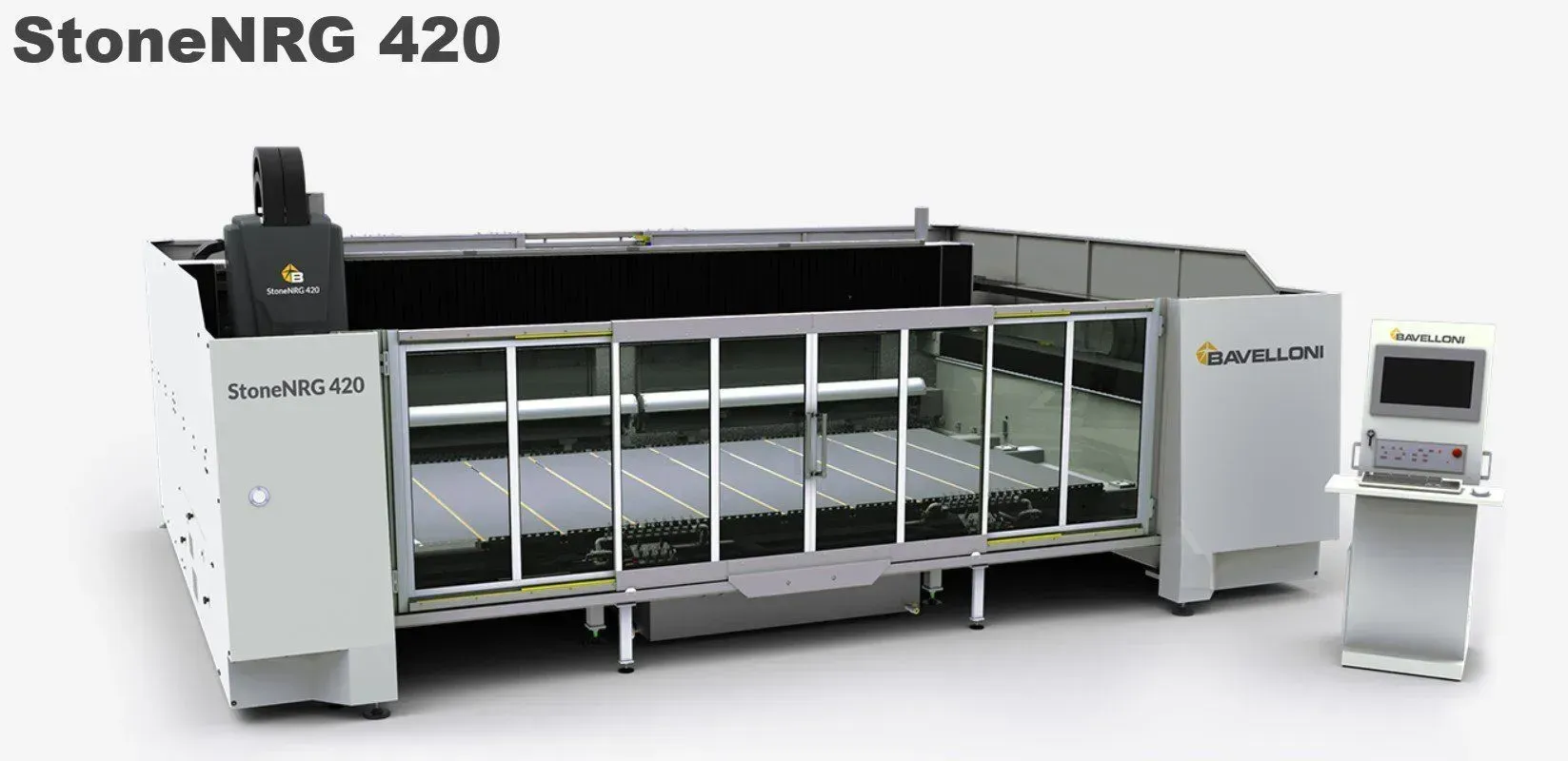 StoneNRG 420 industrial stone cutting machine, light gray with black accents, set against a white background.