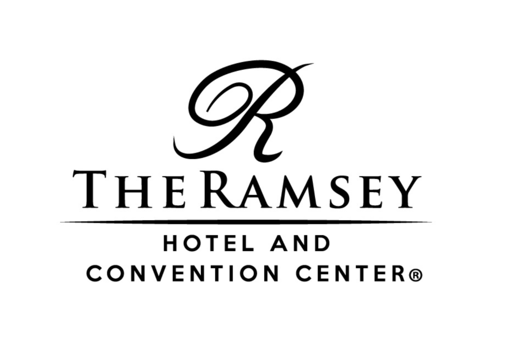 A black and white logo for the ramsey hotel and convention center.