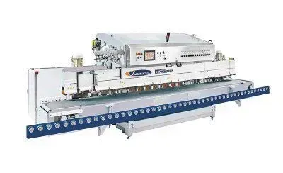 Industrial woodworking machine with a long, blue guide rail.