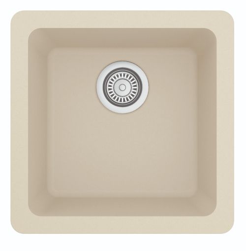 Beige square kitchen sink with centered drain.