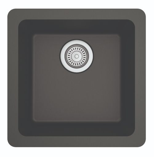 Dark gray square kitchen sink with a circular drain.