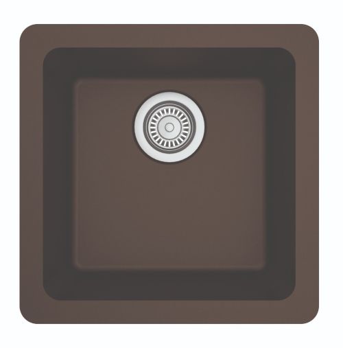 Brown square kitchen sink with a circular drain.