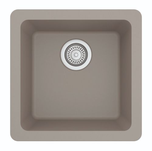 Square, gray kitchen sink with a circular drain in the center.