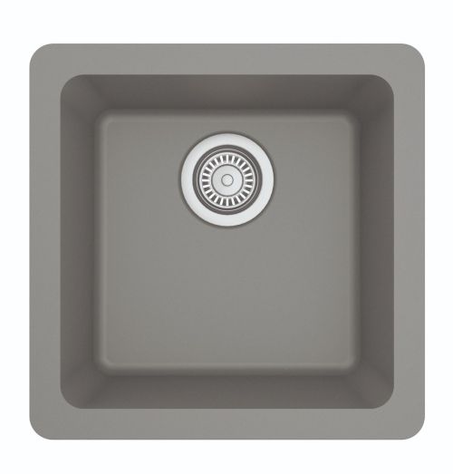 Gray, square kitchen sink with a circular drain in the center.