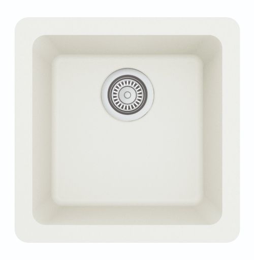 Off-white square kitchen sink with drain.