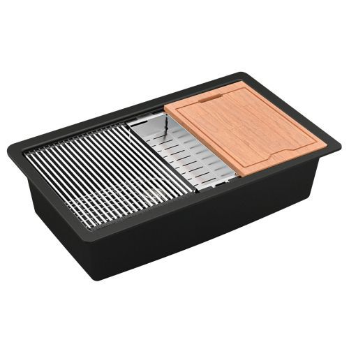 Black rectangular kitchen sink with built-in accessories: grill rack, strainer, and wooden cutting board.
