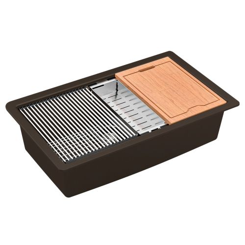 Dark brown kitchen sink with cutting board, grill, and grate.