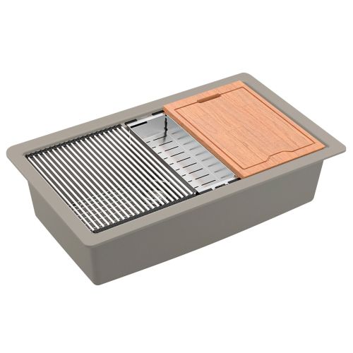 Gray rectangular kitchen sink with accessories: grate, colander, and cutting board.