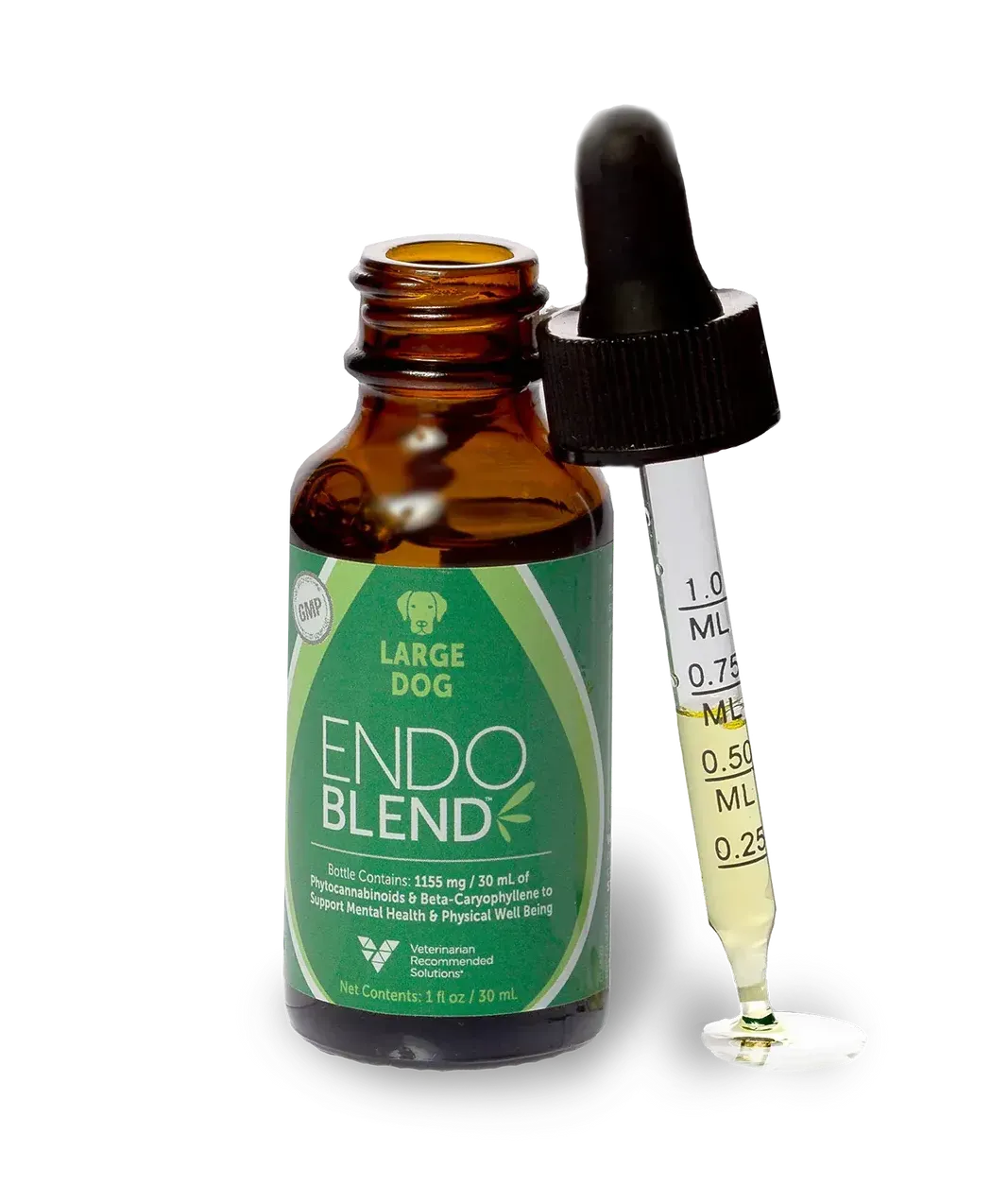 A bottle of endo blend with a dropper next to it.