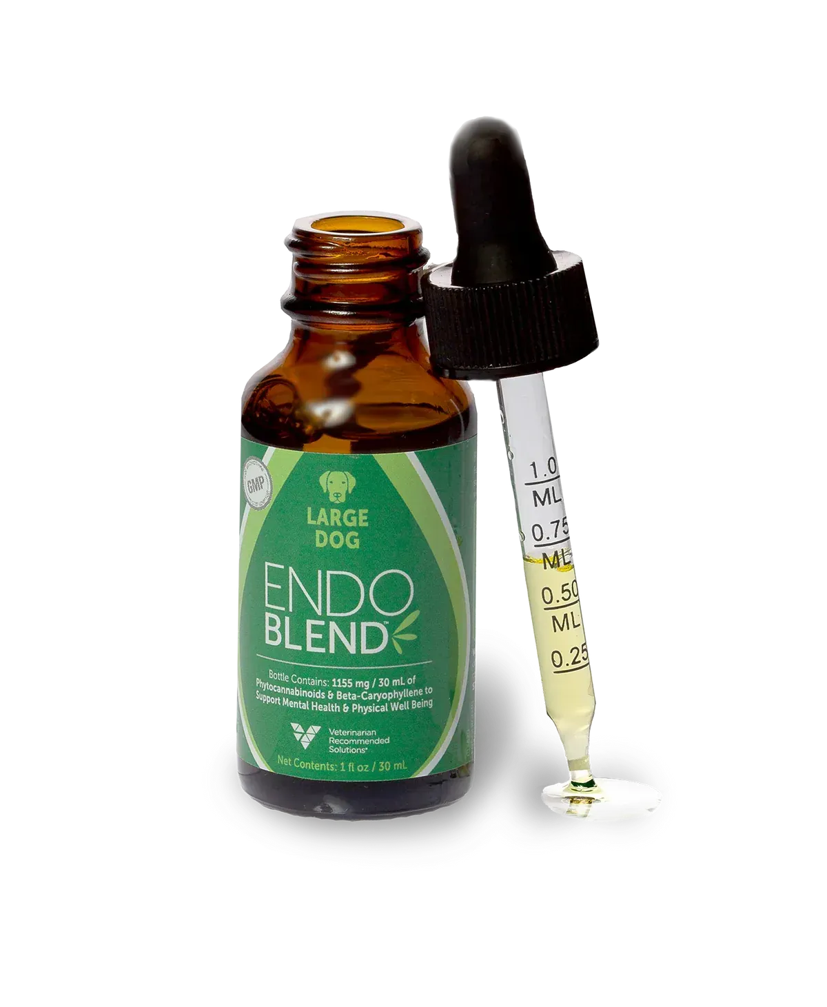 A bottle of endo blend with a dropper next to it.