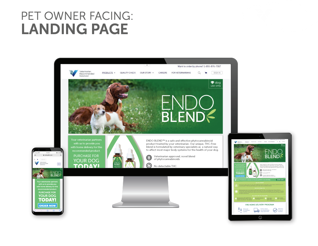 A computer , tablet , and phone displaying a pet owner facing landing page.