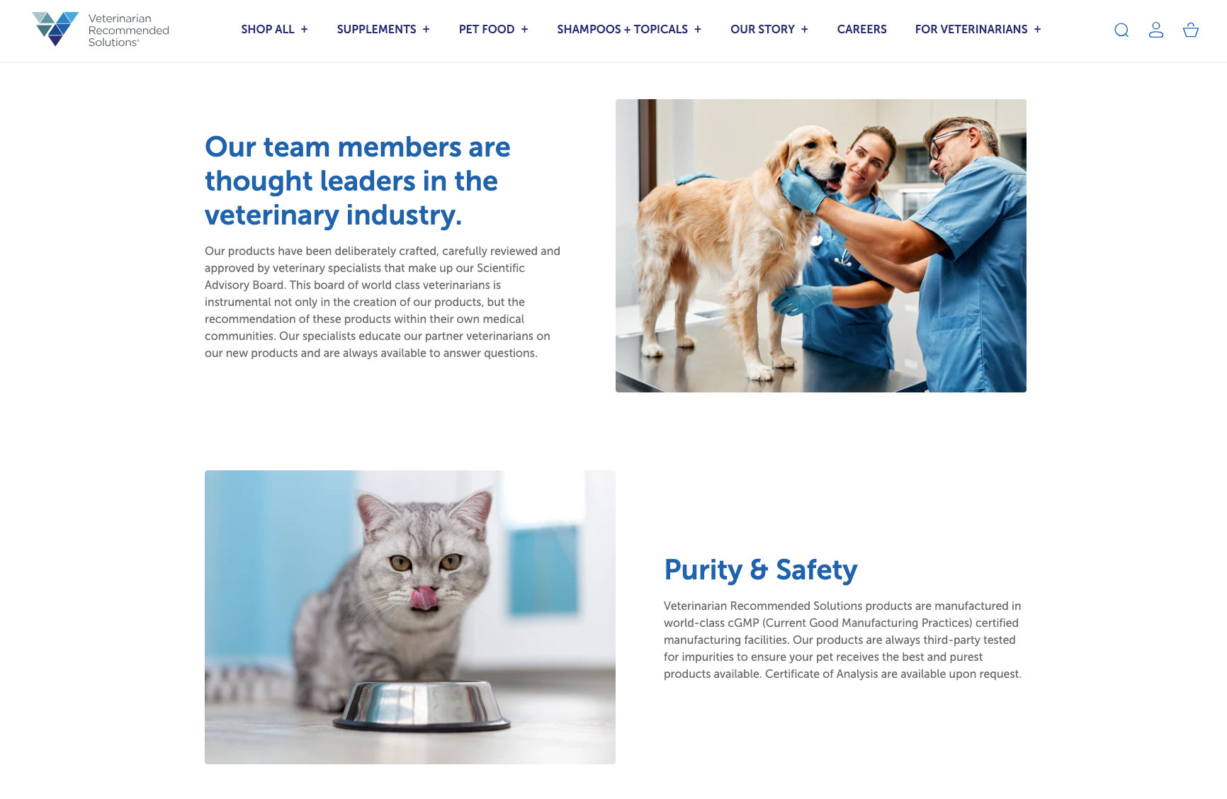 This is the about us section on vrshealth.com. A veterinarian examining a dog and a cat on a website.