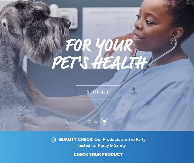 This is the header for vrshealth.com that says, for your pet's health. A woman is listening to a dog 's heartbeat with a stethoscope.