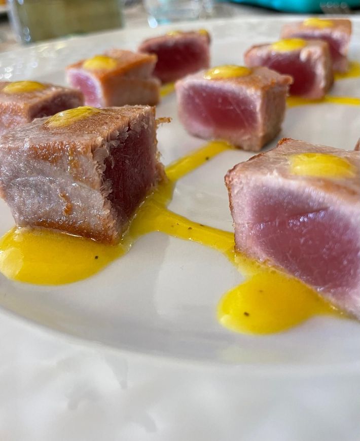 Primo piano di un piatto bianco con sopra carne e salsa.
