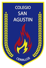 Emblema del colegio: escudo azul con texto “COLEGIO SAN AGUSTIN CERRRILLOS”, llamas y espigas de trigo amarillas.