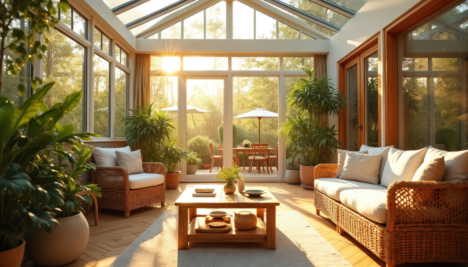 Sunroom with wicker furniture, plants, and a view of an outdoor patio, bathed in sunlight.