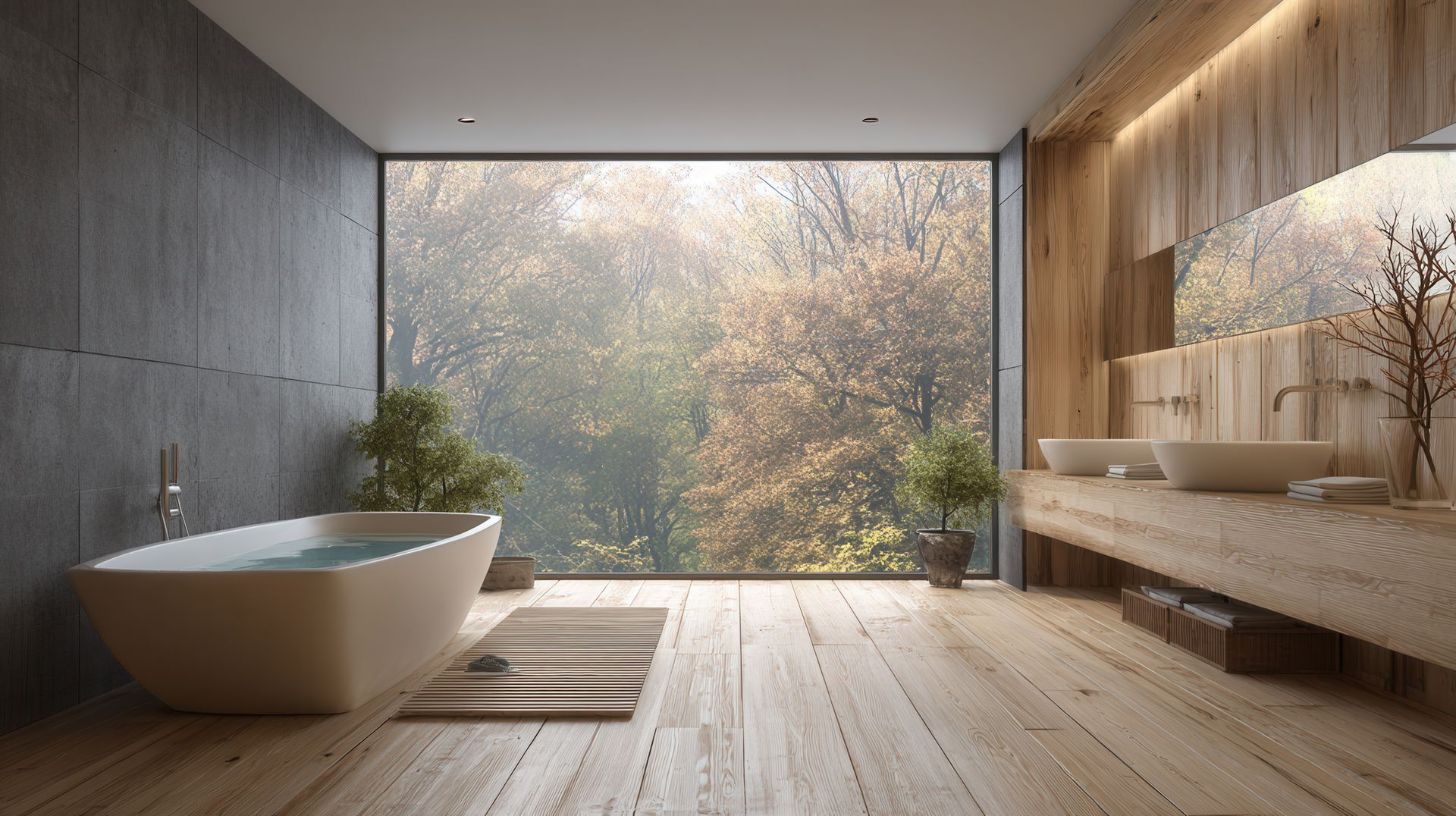 Modern bathroom with a large window overlooking autumn trees; a bathtub, sink, and wooden accents.