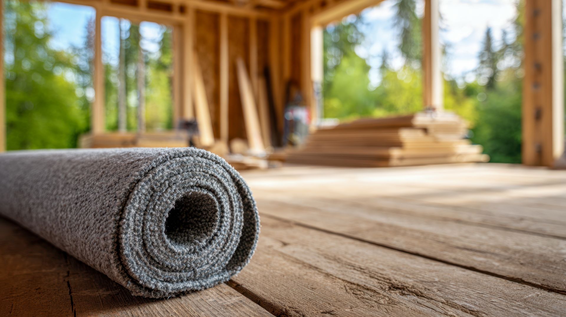 Rolled gray carpet on unfinished wood floor in a wooden house under construction, view of forest outside.