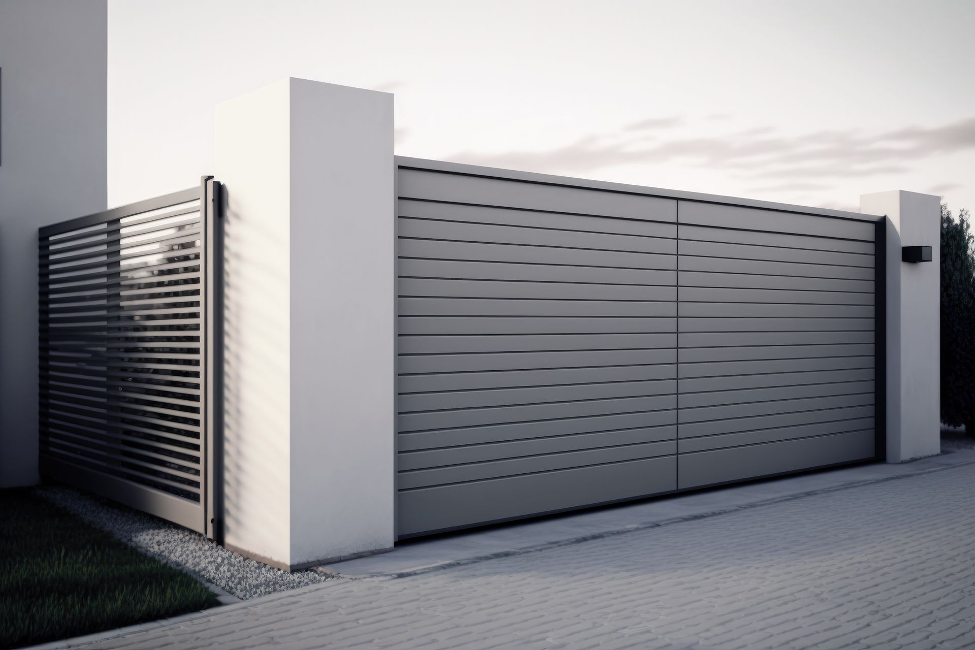 Gray modern driveway gates in front of white pillars, part of a house.