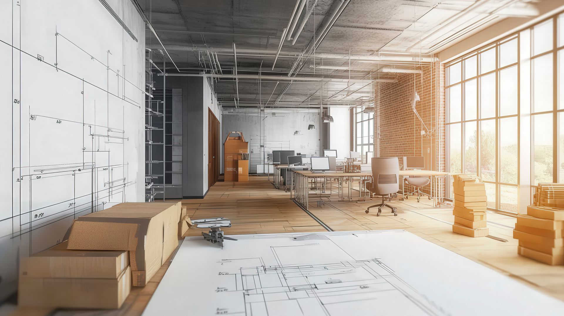 Interior of an unfinished office space with exposed concrete, windows, and cardboard boxes.