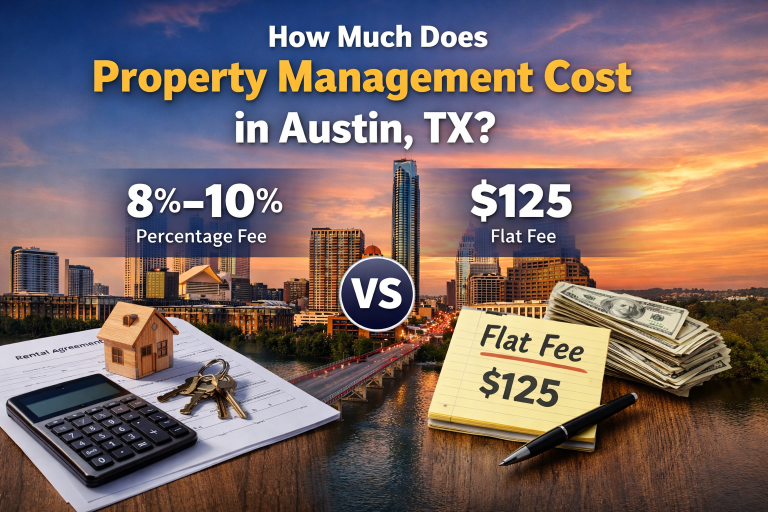 Austin property management cost comparison showing 8 to 10 percent fee vs 125 dollar flat fee for re