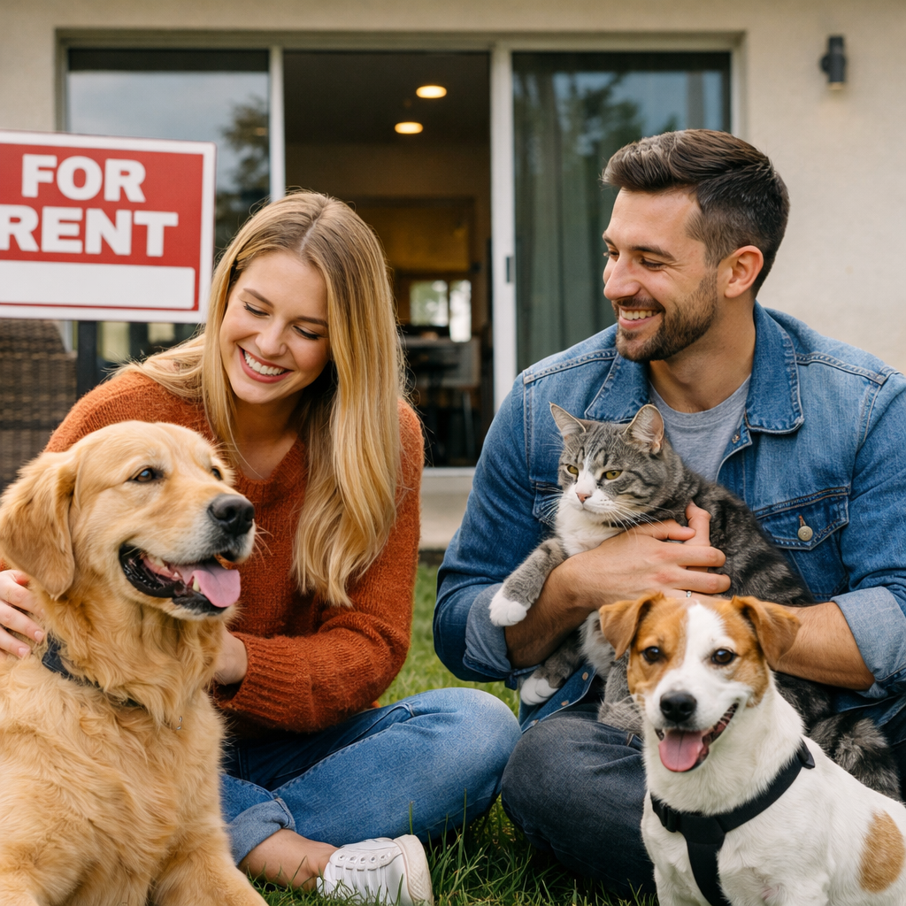 Tenants with pets outside a rental home in Austin Texas, showing a pet-friendly property with dogs