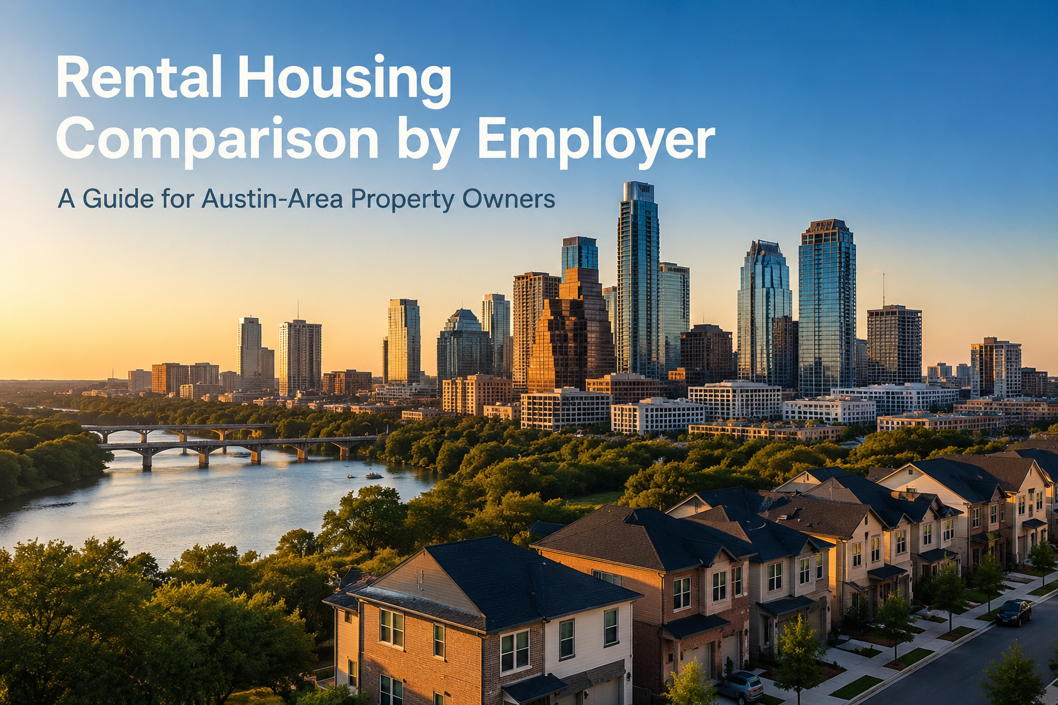Rental housing comparison by employer in Austin, Texas, showing residential neighborhoods and the Austin skyline representing housing demand across the Austin-Round Rock-San Marcos metro area.