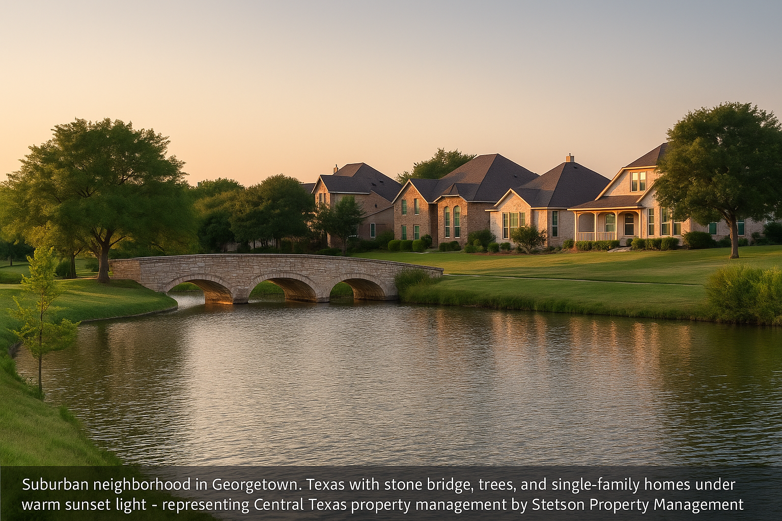 Suburban neighborhood in Georgetown, Texas with stone bridge, trees, and stetson-property-management