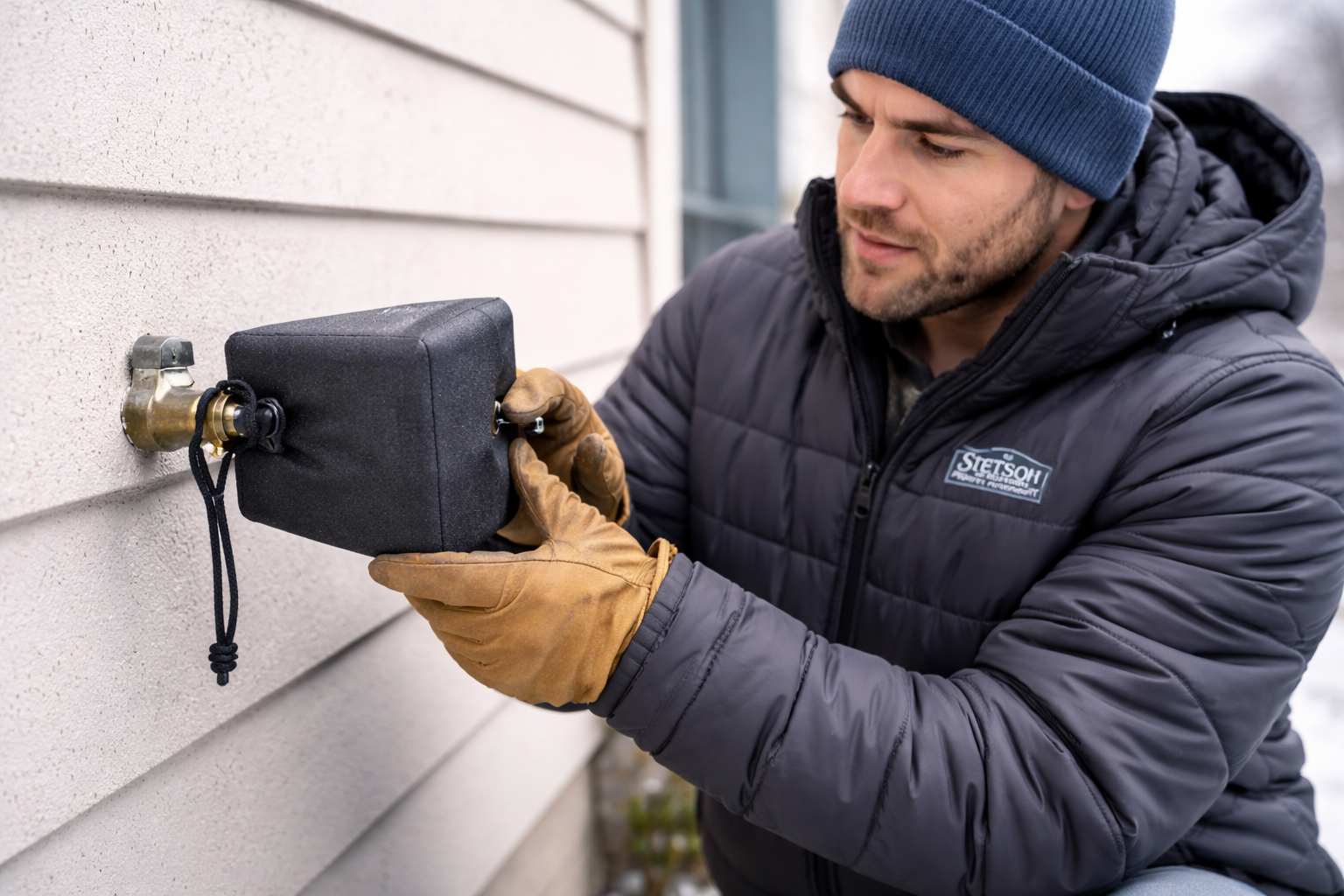 Hose bib cover installed on outdoor faucet for freeze protection in Round Rock