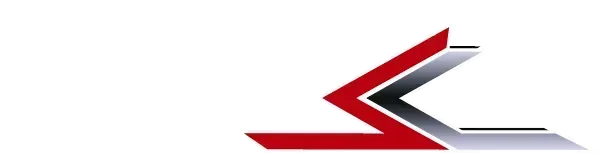 Un logo rouge et argent avec une ombre sur fond blanc.