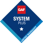 Emblème de garantie limitée GAF System Plus en bleu, rouge et blanc.