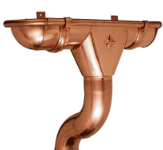 A close up of a copper gutter on a white background.